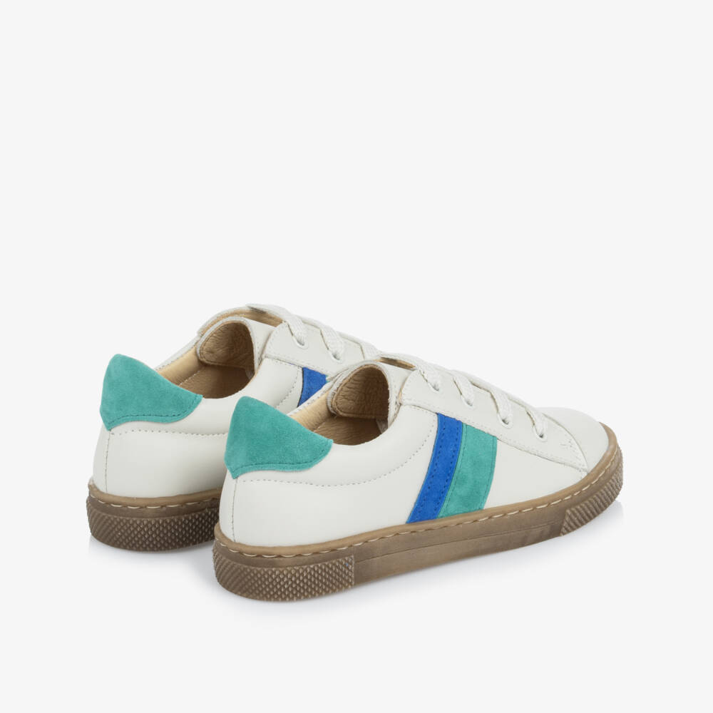 Joyday-Ivory Leather Trainers with Green & Blue Trims | Childrensalon