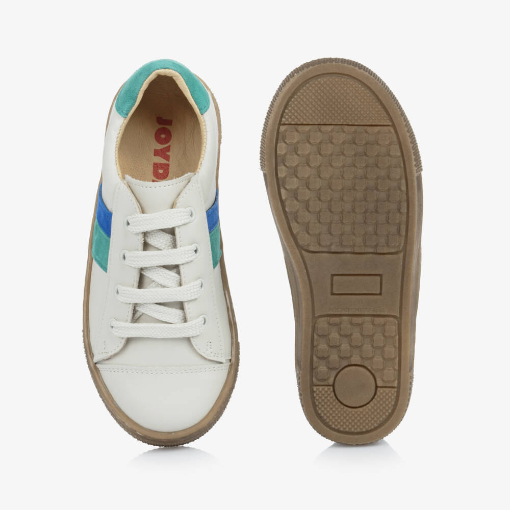 Joyday-Ivory Leather Trainers with Green & Blue Trims | Childrensalon