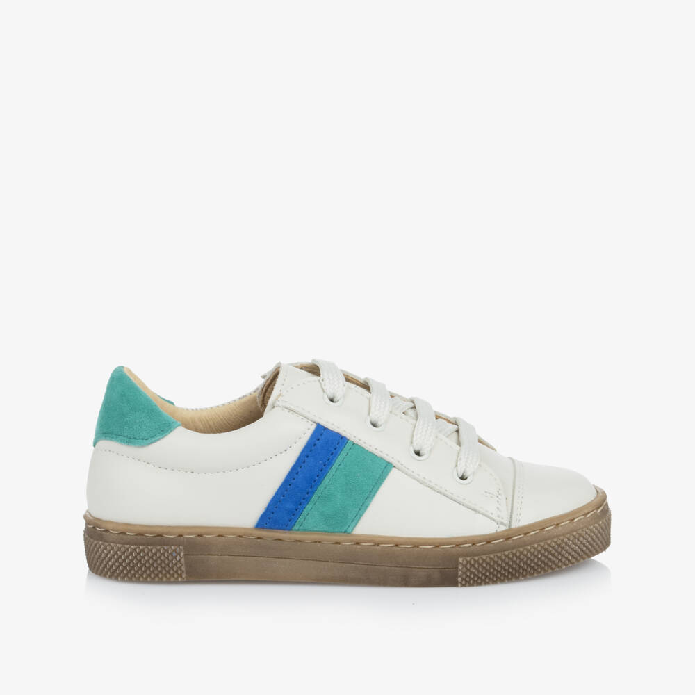 Joyday-Ivory Leather Trainers with Green & Blue Trims | Childrensalon