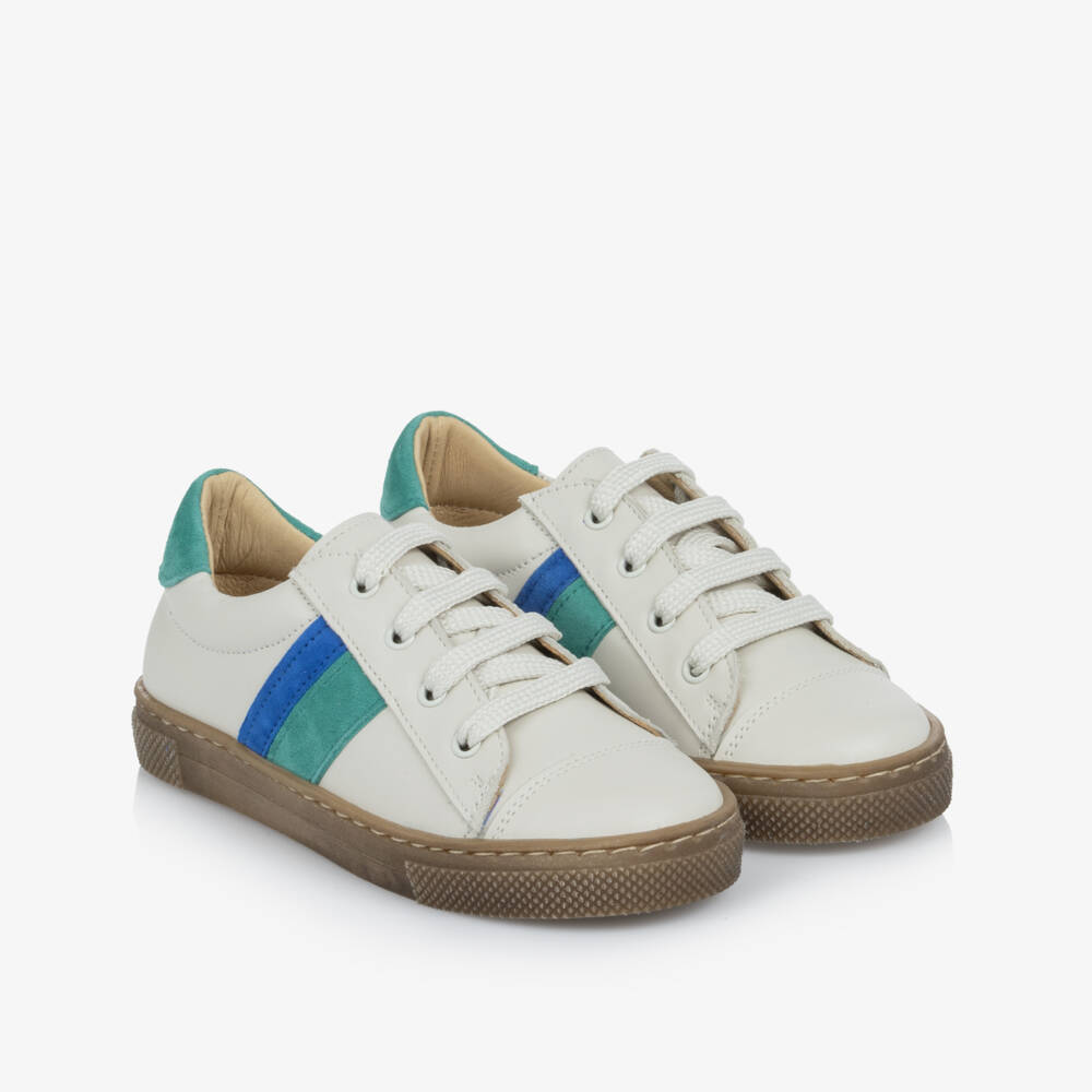 Joyday-Ivory Leather Trainers with Green & Blue Trims | Childrensalon