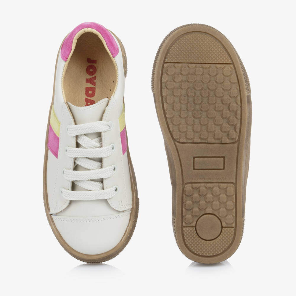 Joyday-Ivory Leather Trainers with Pink & Yellow Trims | Childrensalon