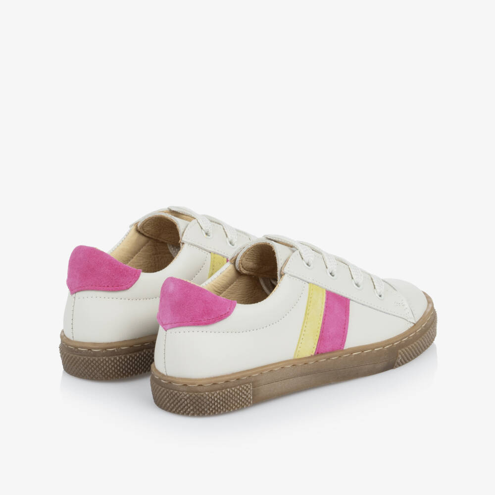 Joyday-Ivory Leather Trainers with Pink & Yellow Trims | Childrensalon
