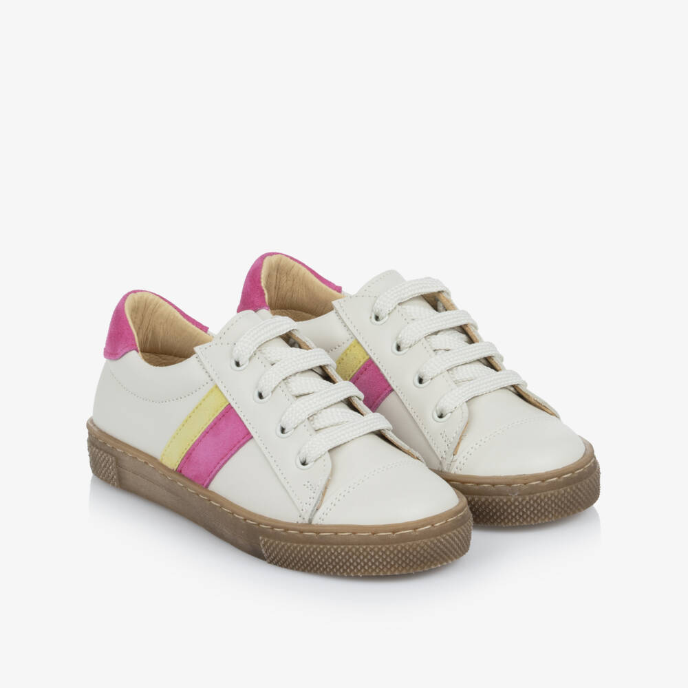 Joyday-Ivory Leather Trainers with Pink & Yellow Trims | Childrensalon