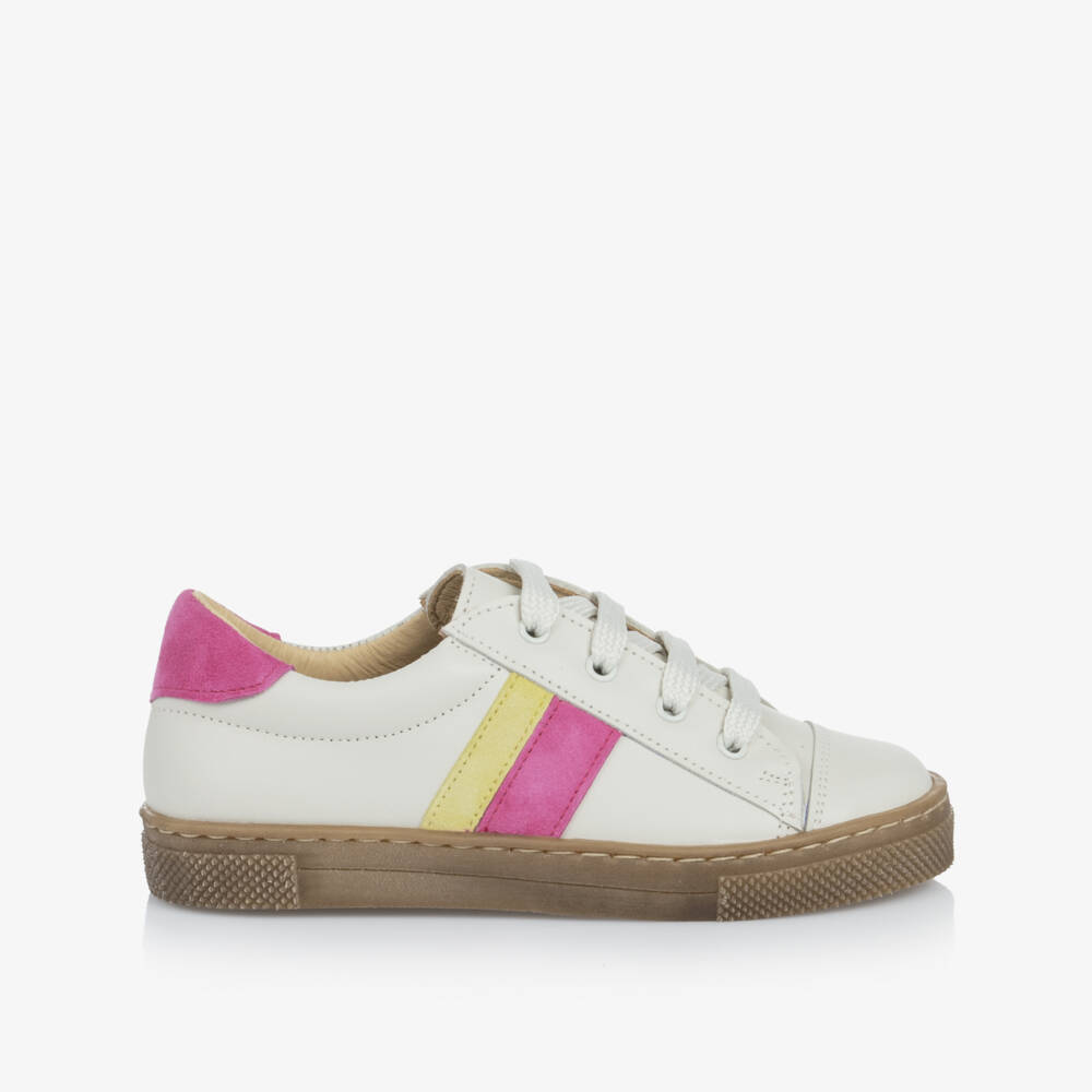 Joyday-Ivory Leather Trainers with Pink & Yellow Trims | Childrensalon