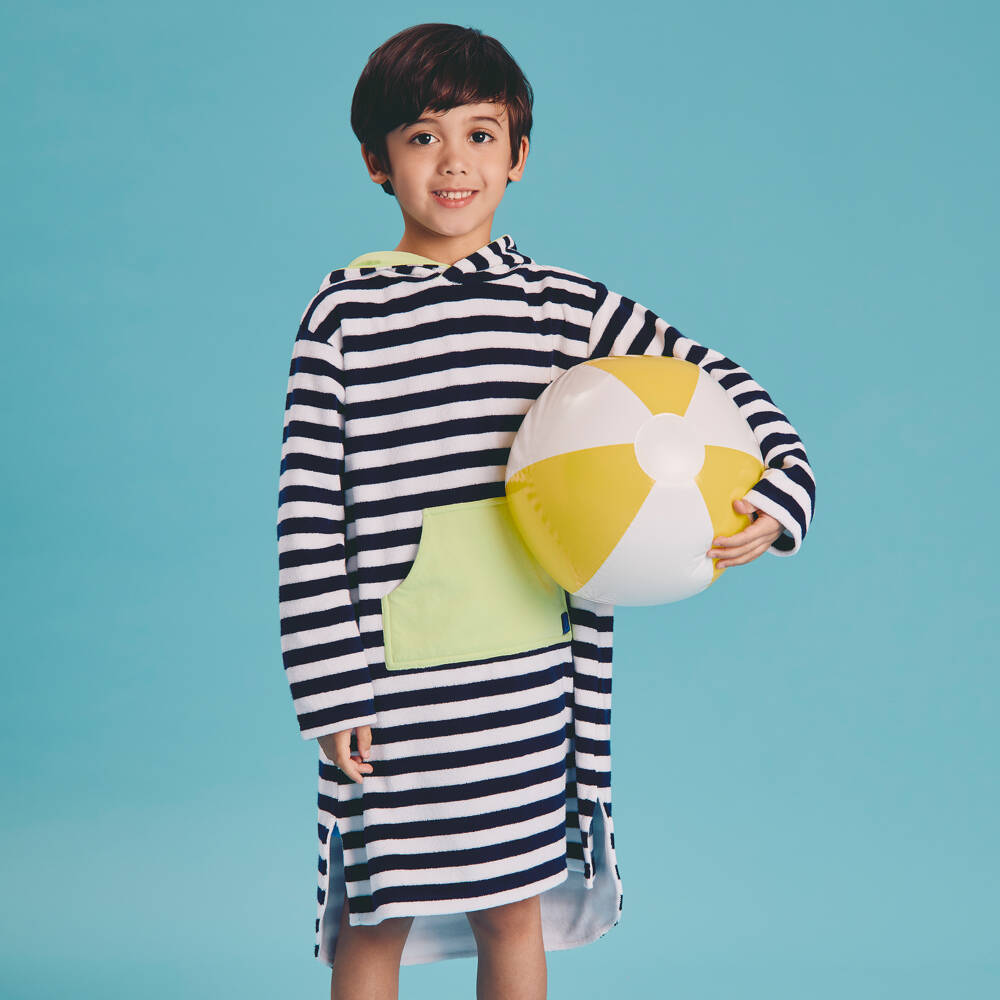 Joyday-Navy Blue Stripe Hooded Towelling Robe | Childrensalon