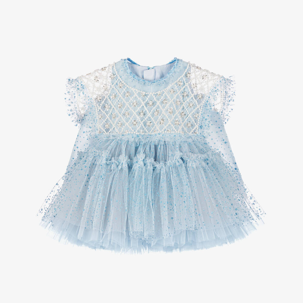 Junona-Baby Girls Blue Glitter Tulle Dress with Beaded Collar | Childrensalon