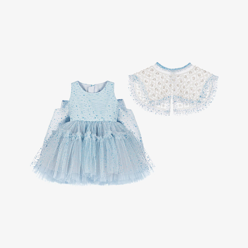 Junona-Baby Girls Blue Glitter Tulle Dress with Beaded Collar | Childrensalon