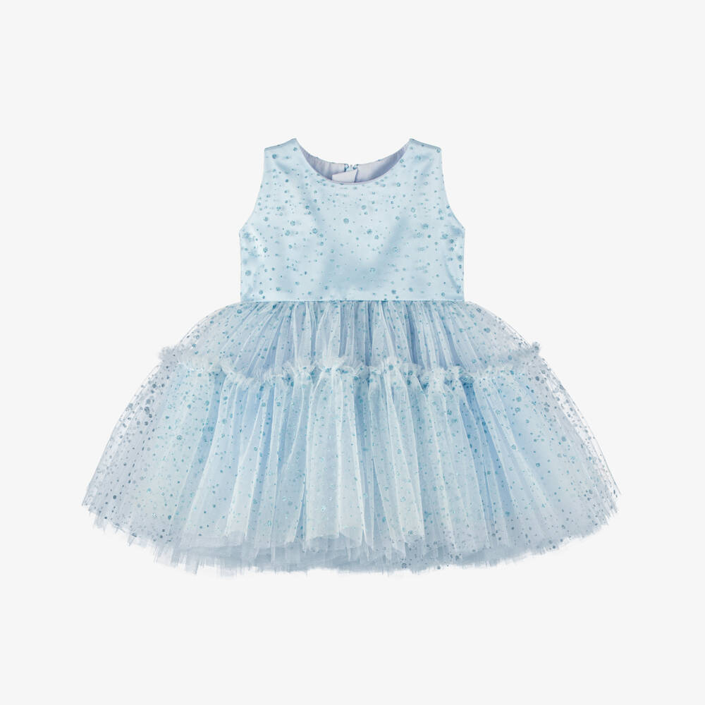 Junona-Baby Girls Blue Glitter Tulle Dress with Beaded Collar | Childrensalon
