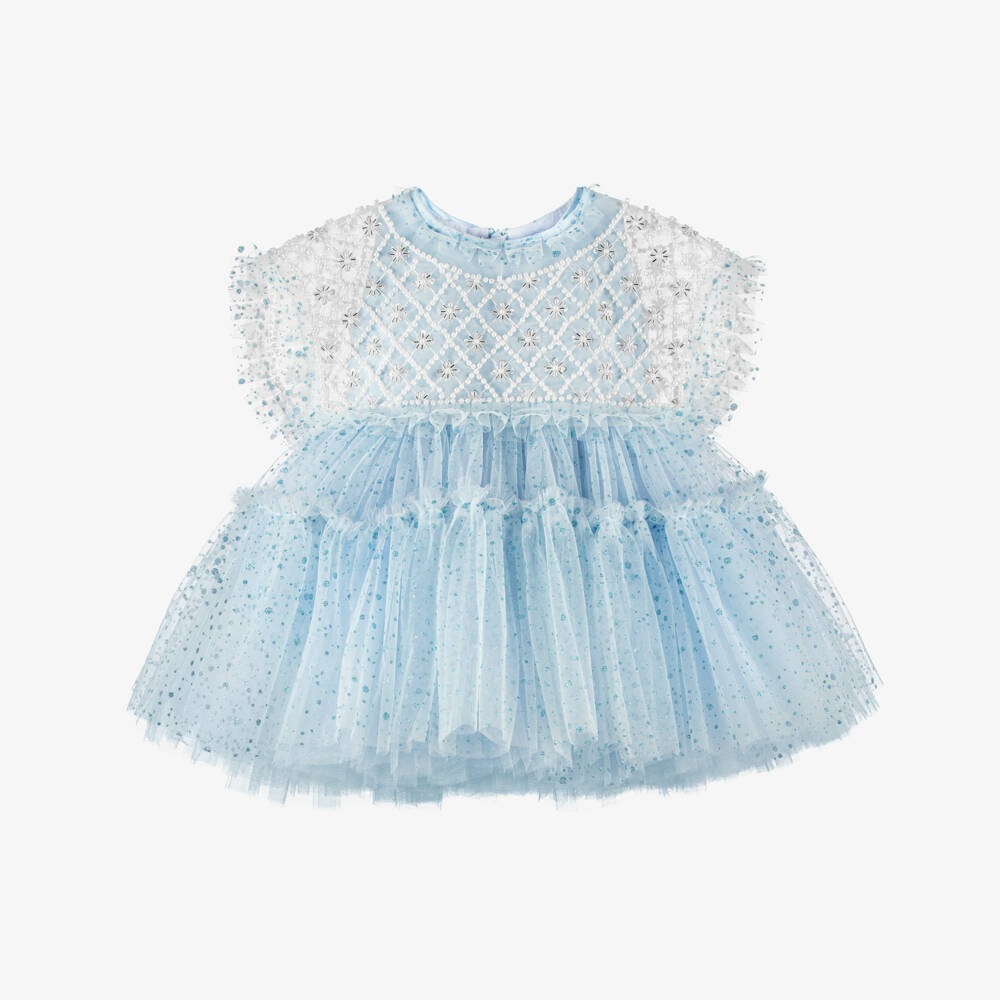 Junona-فستان تول بياقة خرز لون أزرق برّاق للبنات | Childrensalon