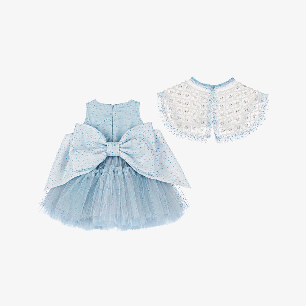 Junona-Baby Girls Blue Glitter Tulle Dress with Beaded Collar | Childrensalon