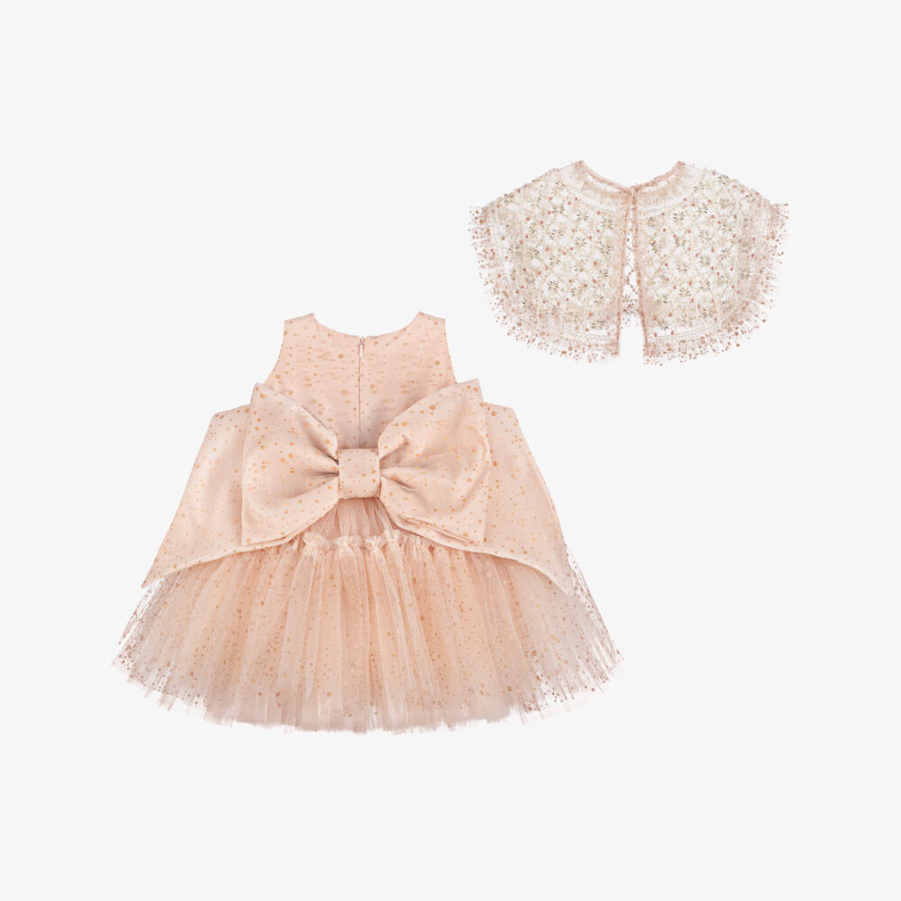 Junona-Baby Girls Dusky Pink Glitter Tulle Dress with Beaded Collar | Childrensalon
