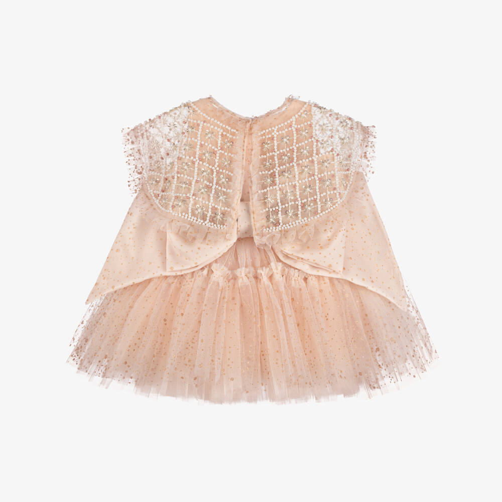 Junona-Baby Girls Dusky Pink Glitter Tulle Dress with Beaded Collar | Childrensalon