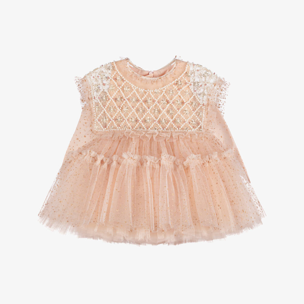 Junona-Baby Girls Dusky Pink Glitter Tulle Dress with Beaded Collar | Childrensalon