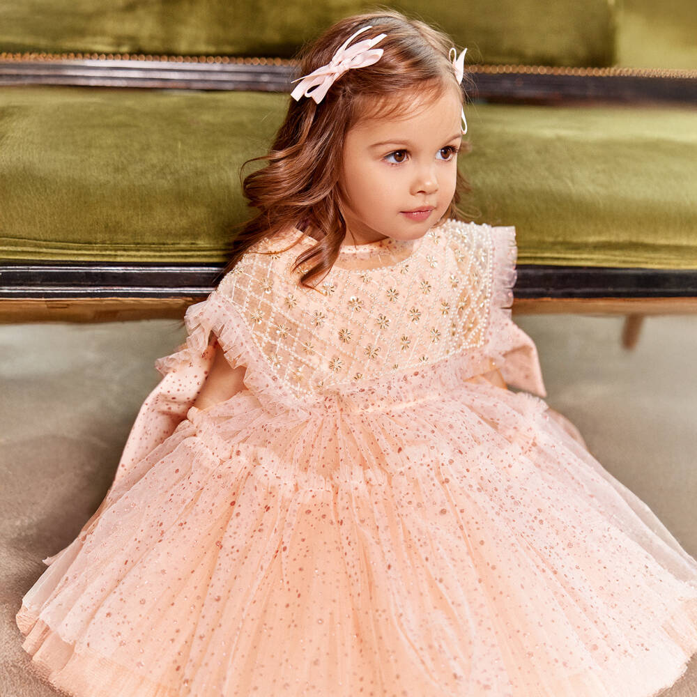 Junona-Baby Girls Dusky Pink Glitter Tulle Dress with Beaded Collar | Childrensalon