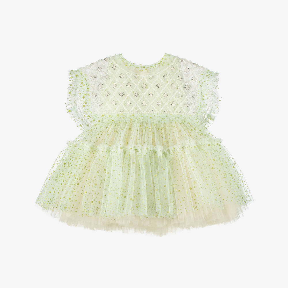 Junona-Baby Girls Green Glitter Tulle Dress with Beaded Collar | Childrensalon