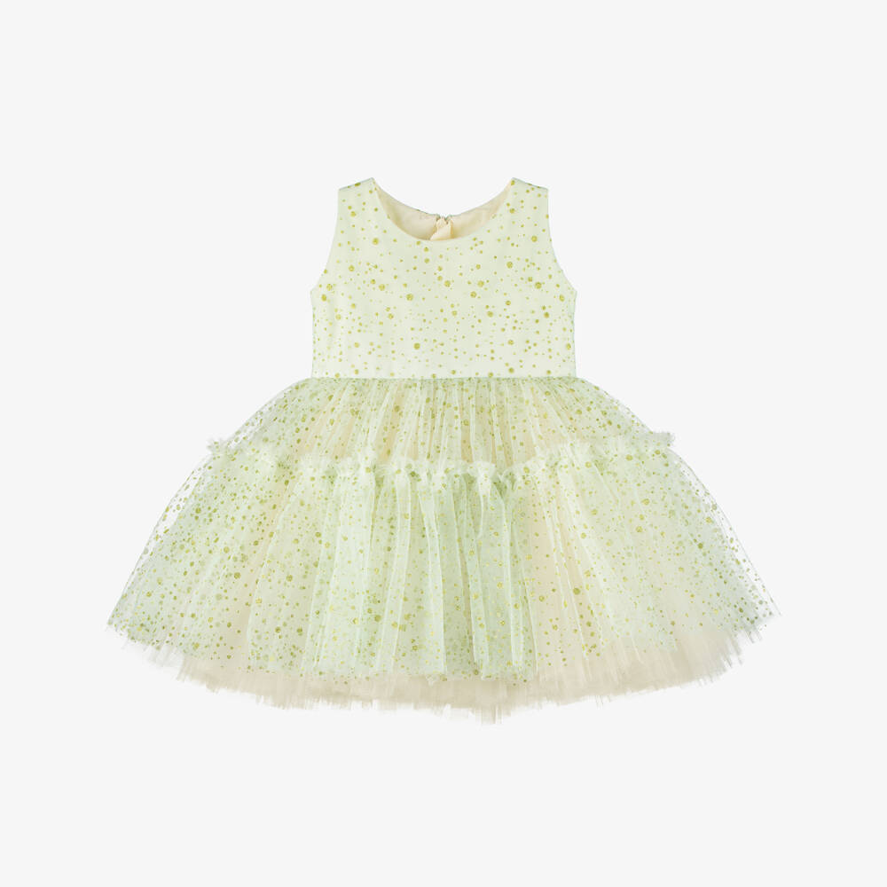 Junona-Baby Girls Green Glitter Tulle Dress with Beaded Collar | Childrensalon
