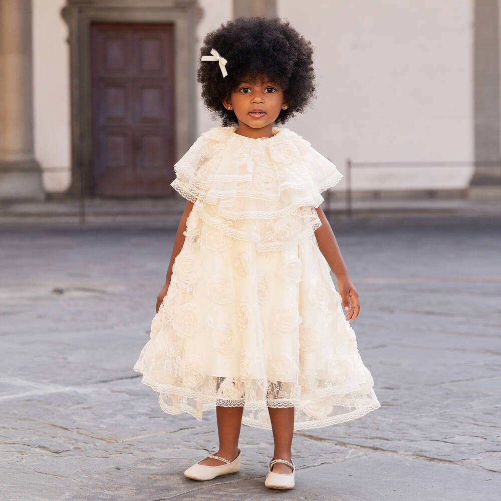 Junona-Baby Girls Ivory Flower Lace Dress with Tiered Collar | Childrensalon