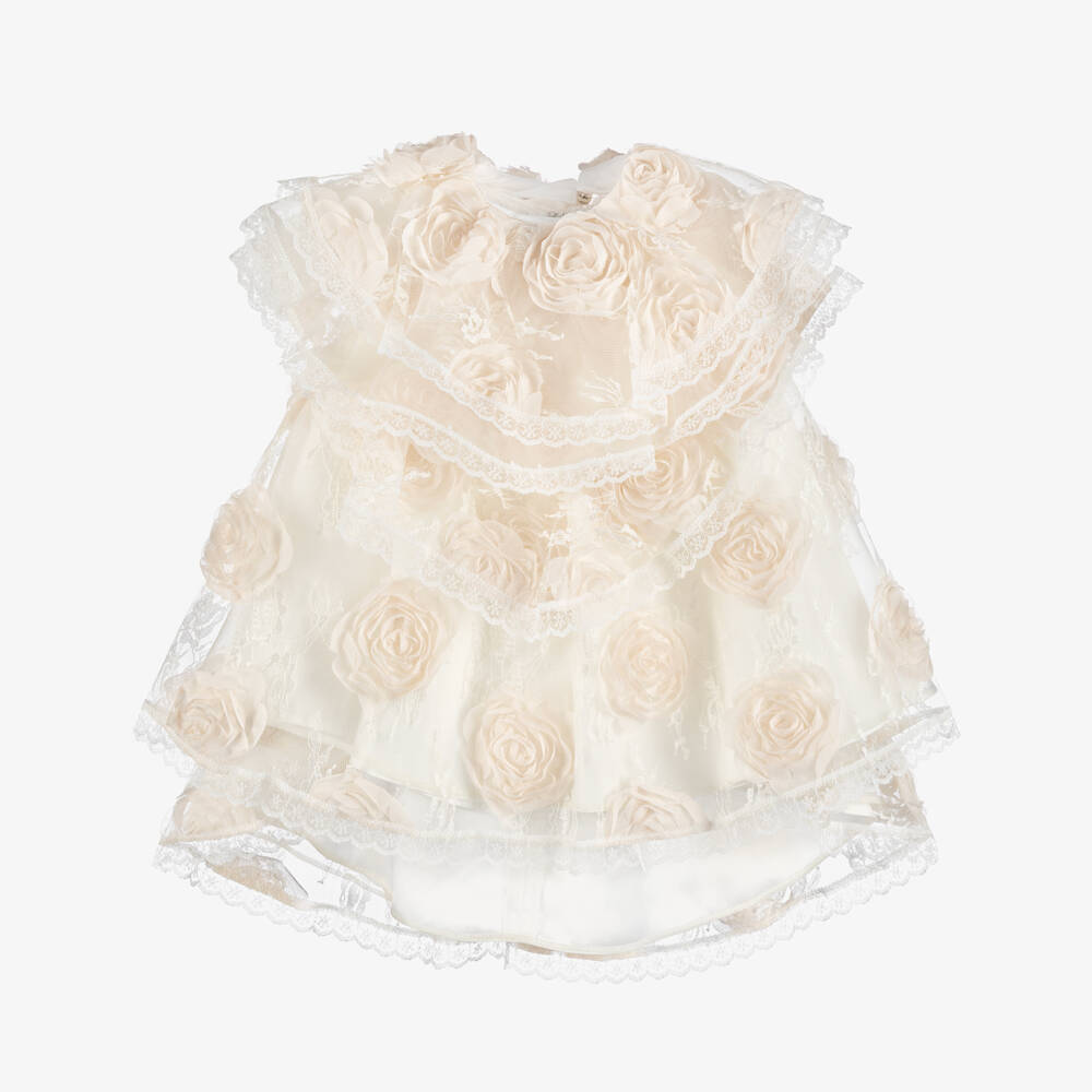 Junona-Baby Girls Ivory Flower Lace Dress with Tiered Collar | Childrensalon