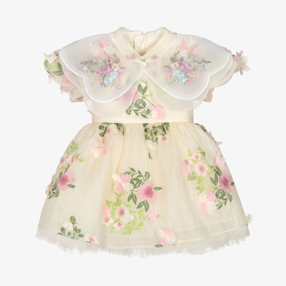 Junona-Baby Girls Ivory & Pink Floral Crêpe Chiffon Dress  | Childrensalon