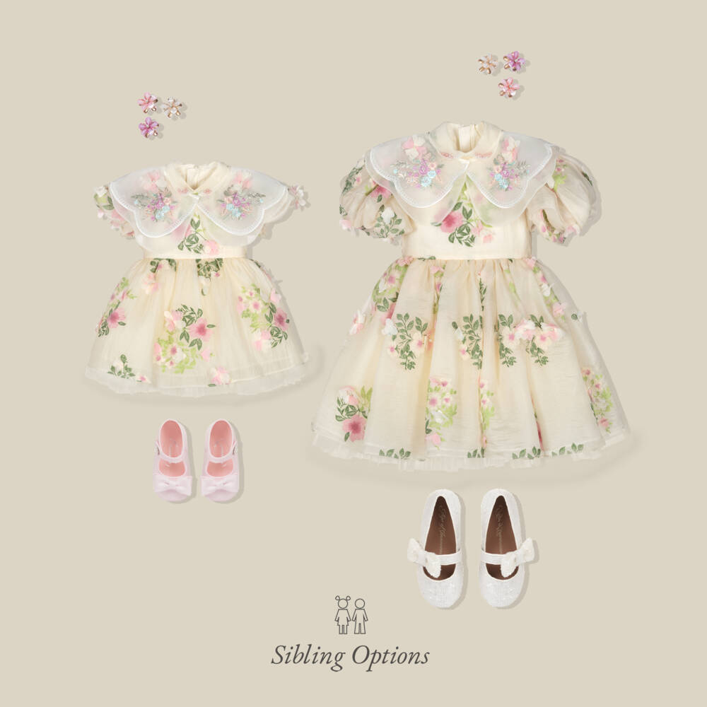 Junona-فستان كريب شيفون بطبعة ورود لون عاجي وزهري للبنات الرضع | Childrensalon