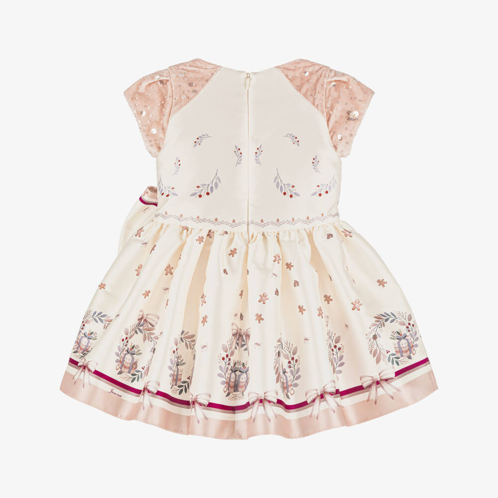Junona-Baby Girls Ivory & Pink Satin Gingerbread Dress | Childrensalon