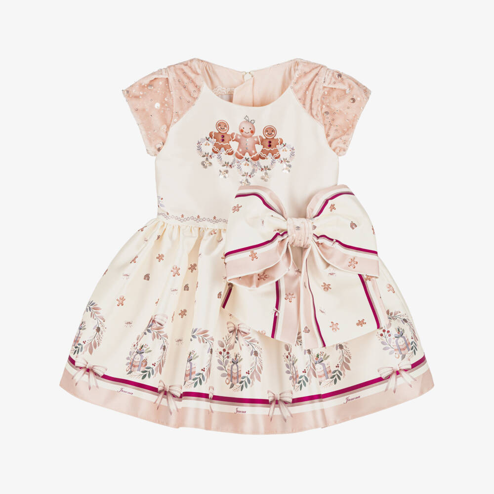 Junona-Baby Girls Ivory & Pink Satin Gingerbread Dress | Childrensalon