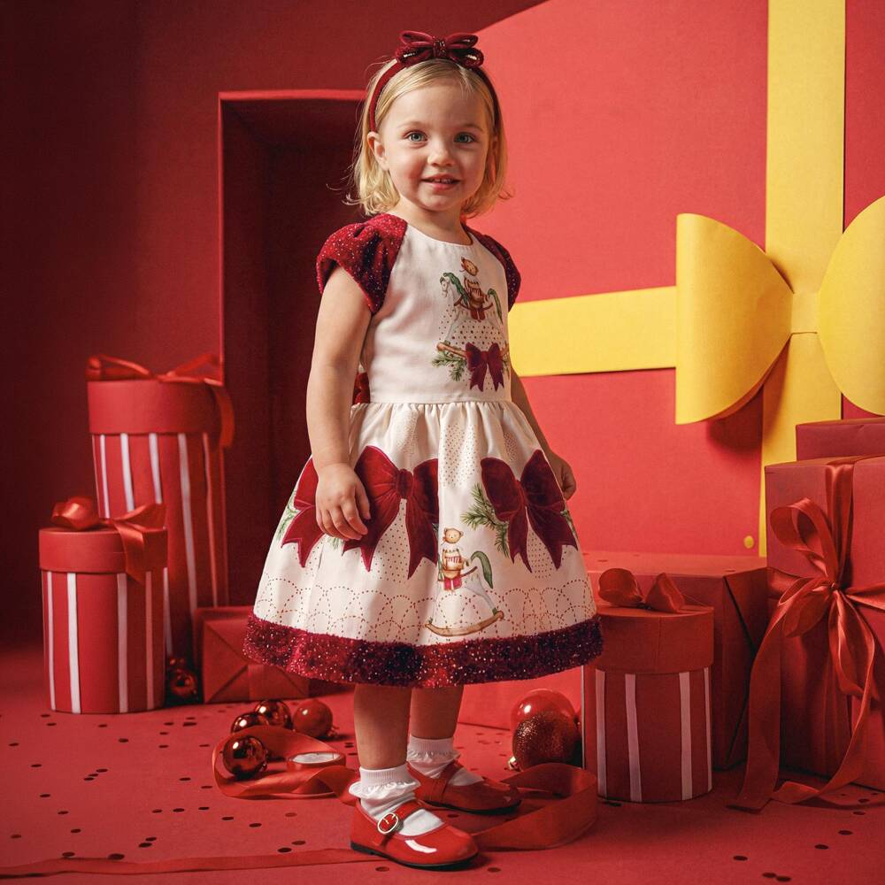 Junona-Baby Girls Ivory & Red Satin Festive Rocking Horse Dress | Childrensalon