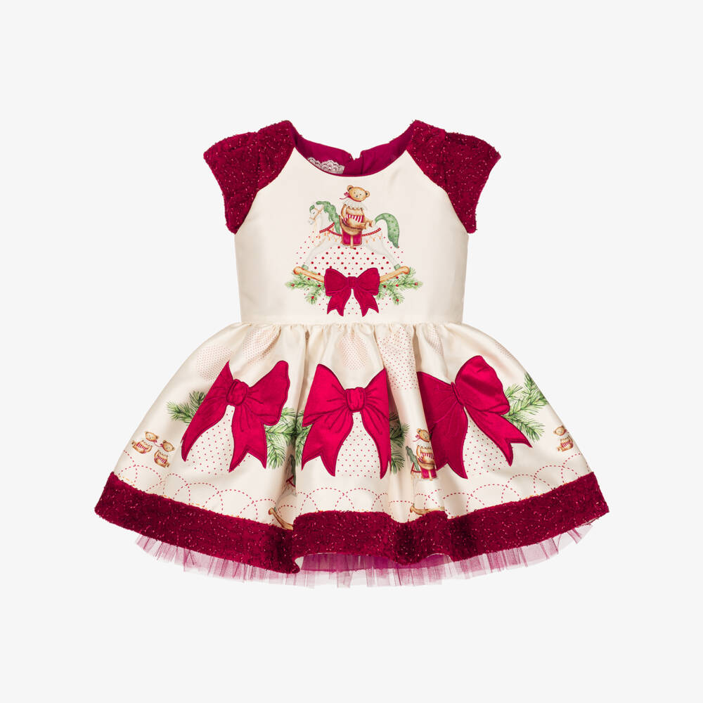 Junona-Baby Girls Ivory & Red Satin Festive Rocking Horse Dress | Childrensalon
