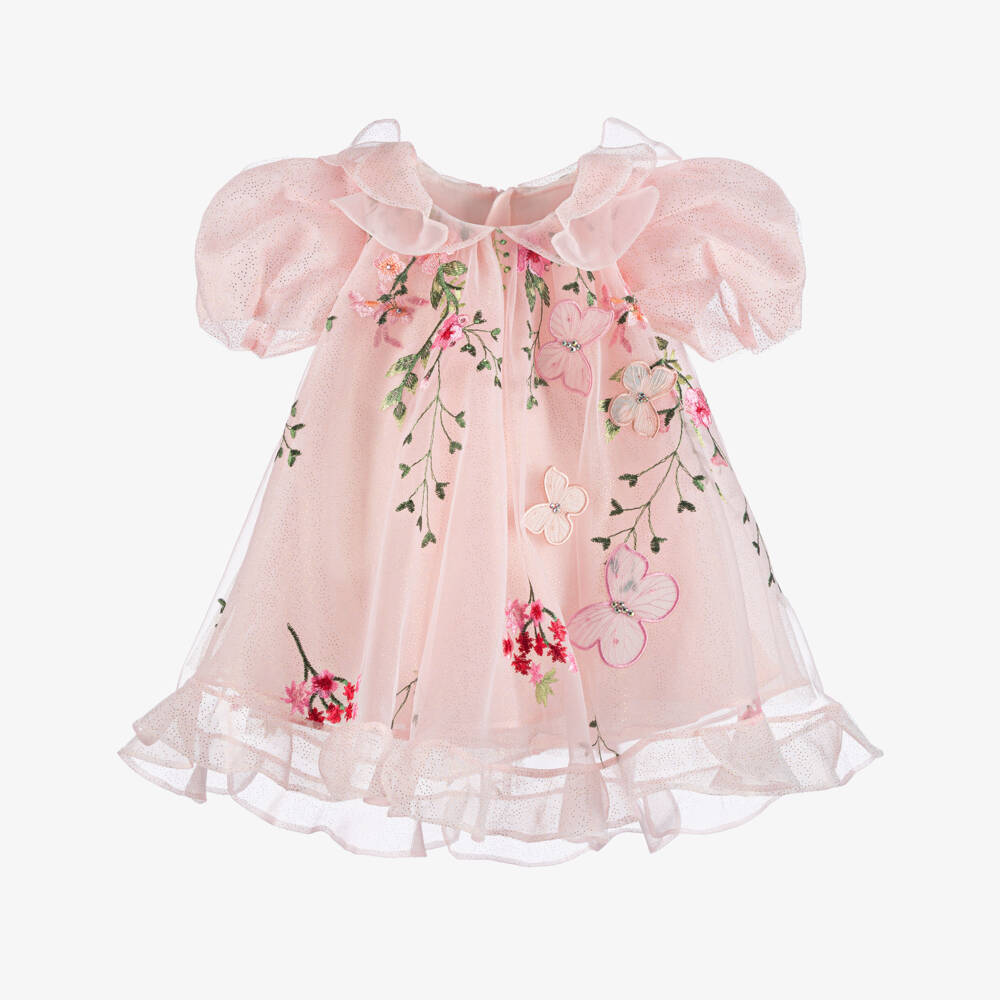 Junona-Baby Girls Pink Embroidered Floral Tulle Dress | Childrensalon