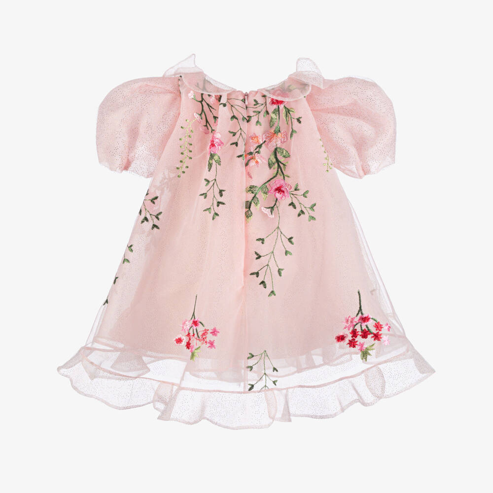 Junona-Baby Girls Pink Embroidered Floral Tulle Dress | Childrensalon