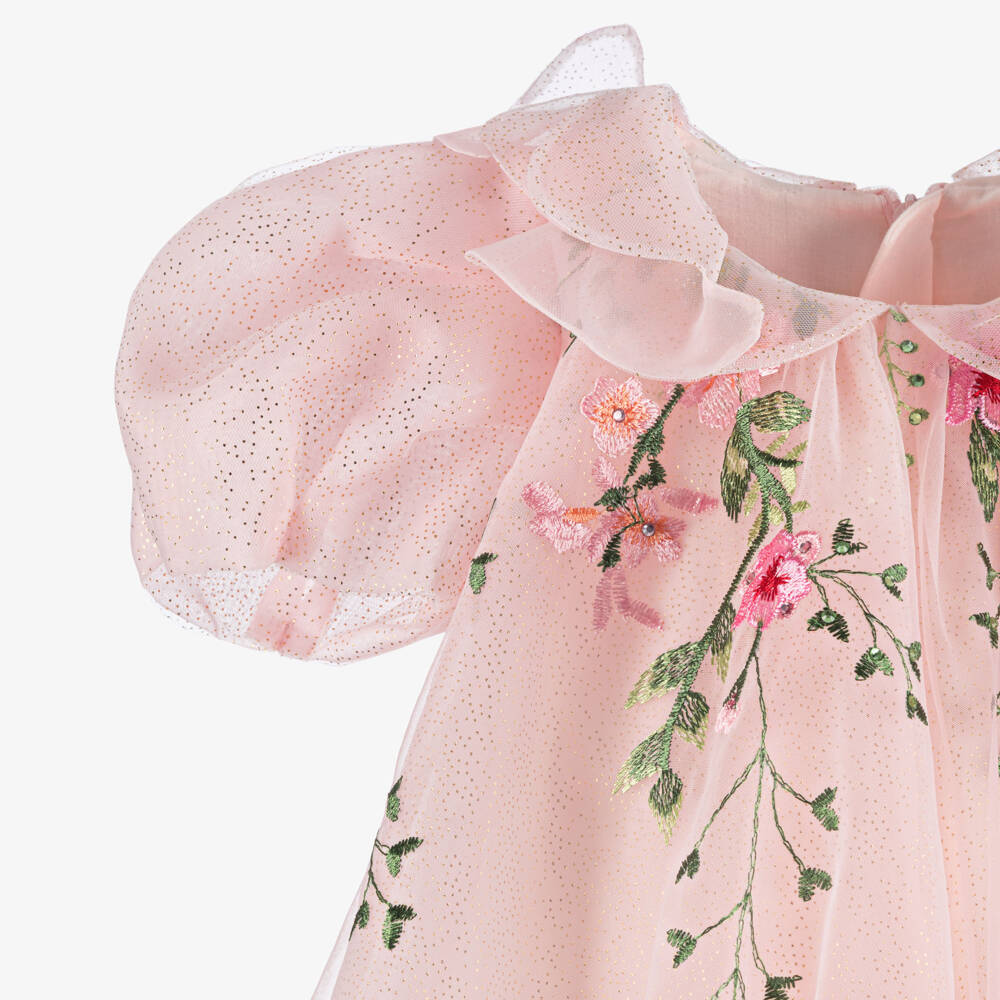 Junona-Baby Girls Pink Embroidered Floral Tulle Dress | Childrensalon