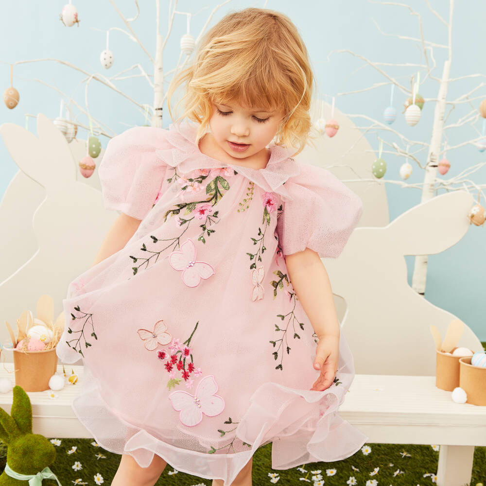 Junona-Baby Girls Pink Embroidered Floral Tulle Dress | Childrensalon