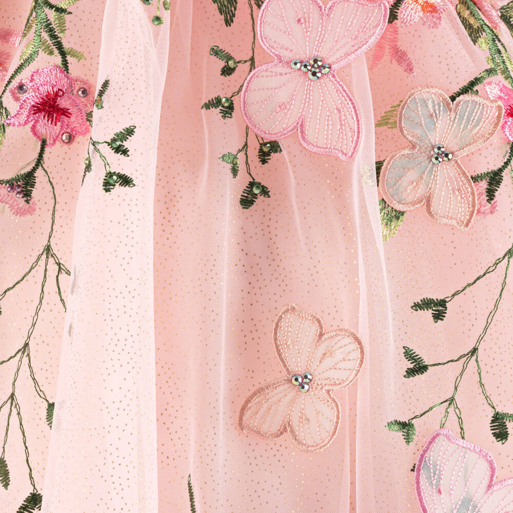 Junona-Baby Girls Pink Embroidered Floral Tulle Dress | Childrensalon