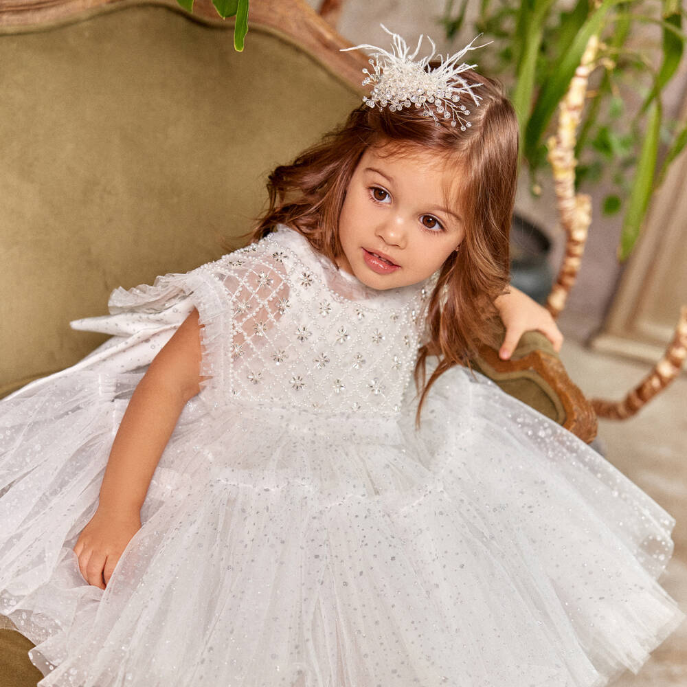 Junona-فستان تول بياقة خرز لون أبيض برّاق للبنات | Childrensalon