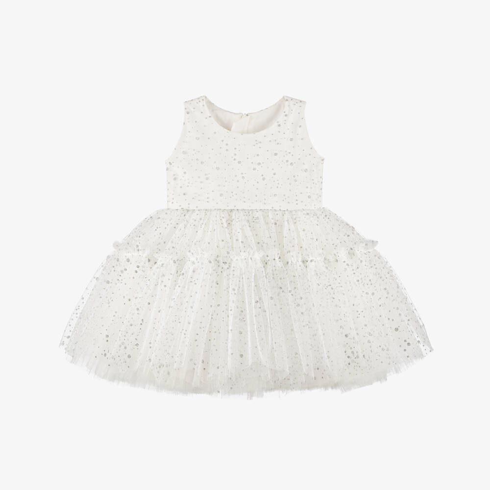 Junona-Платье белое из блестящего тюля с бусинами для малышек | Childrensalon