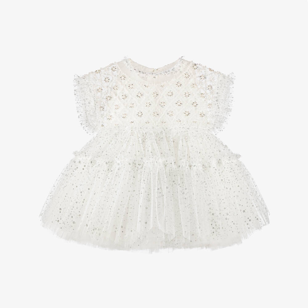 Junona-فستان تول بياقة خرز لون أبيض برّاق للبنات | Childrensalon