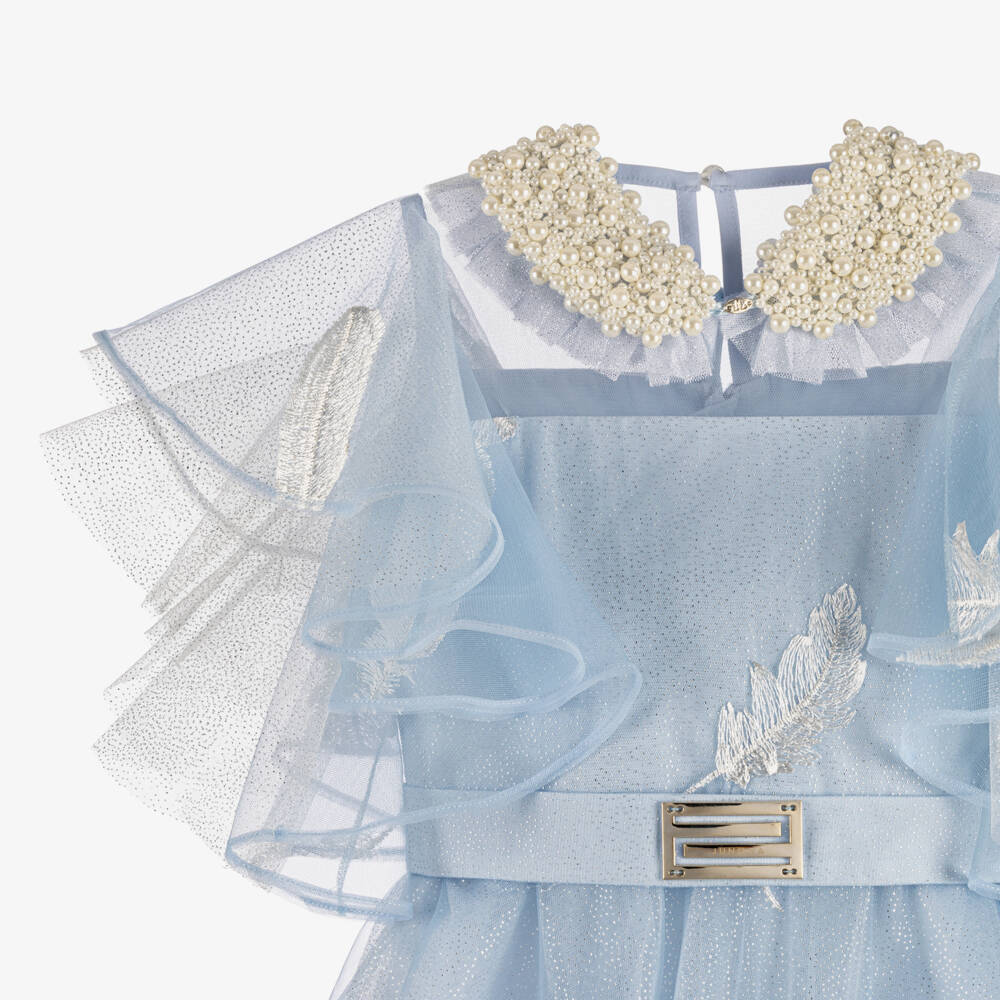 Junona-Girls Glitter Blue Tulle Dress with Feather Motifs | Childrensalon