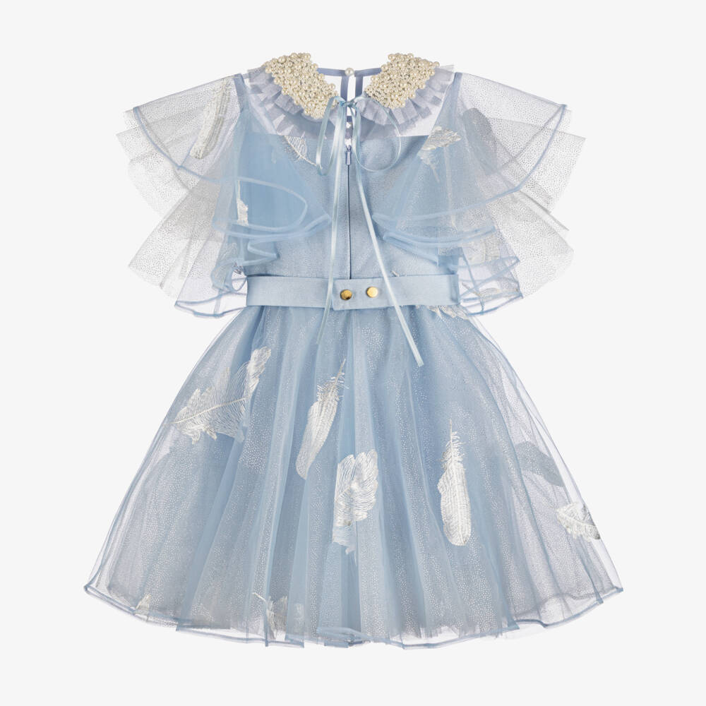 Junona-Girls Glitter Blue Tulle Dress with Feather Motifs | Childrensalon