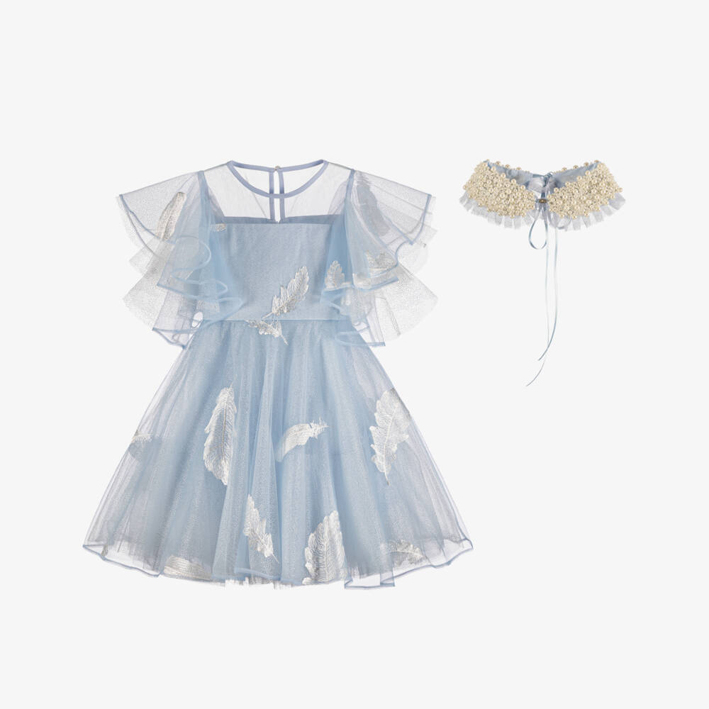 Junona-Girls Glitter Blue Tulle Dress with Feather Motifs | Childrensalon
