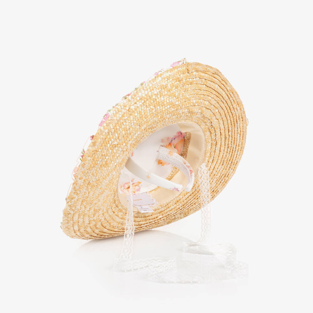 Junona-قبعة قش مزينة بورود مطرزة لون بيج للبنات | Childrensalon