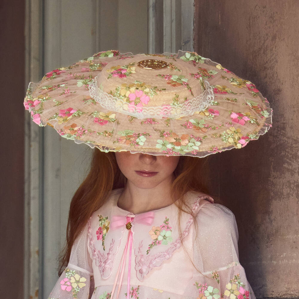 Junona-قبعة قش مزينة بورود مطرزة لون بيج للبنات | Childrensalon