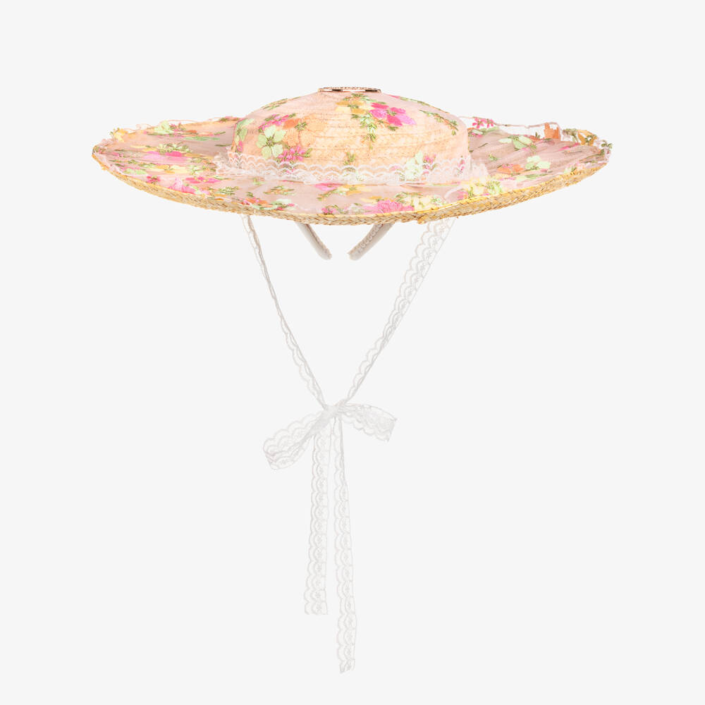 Junona-Girls Beige Straw Hat with Embroidered Floral | Childrensalon