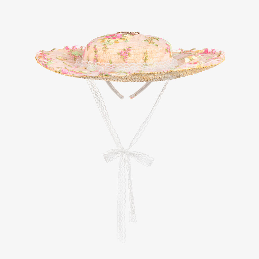 Junona-قبعة قش مزينة بورود مطرزة لون بيج للبنات | Childrensalon