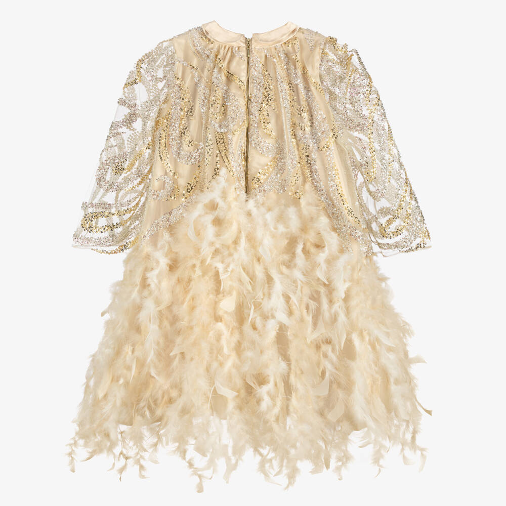 Junona-Girls Beige Tulle Dress with Sequin & Feather Trim | Childrensalon