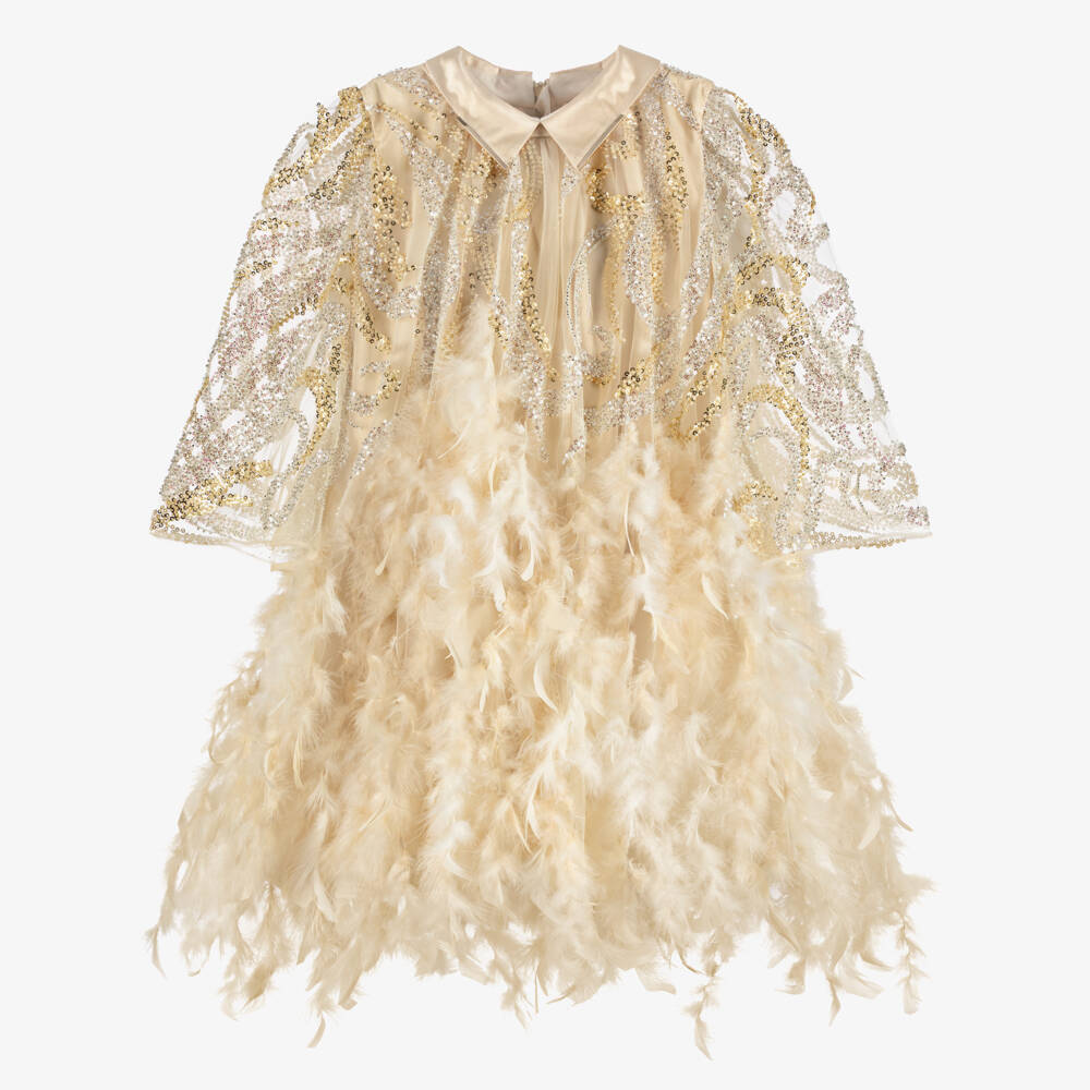 Junona-Girls Beige Tulle Dress with Sequin & Feather Trim | Childrensalon