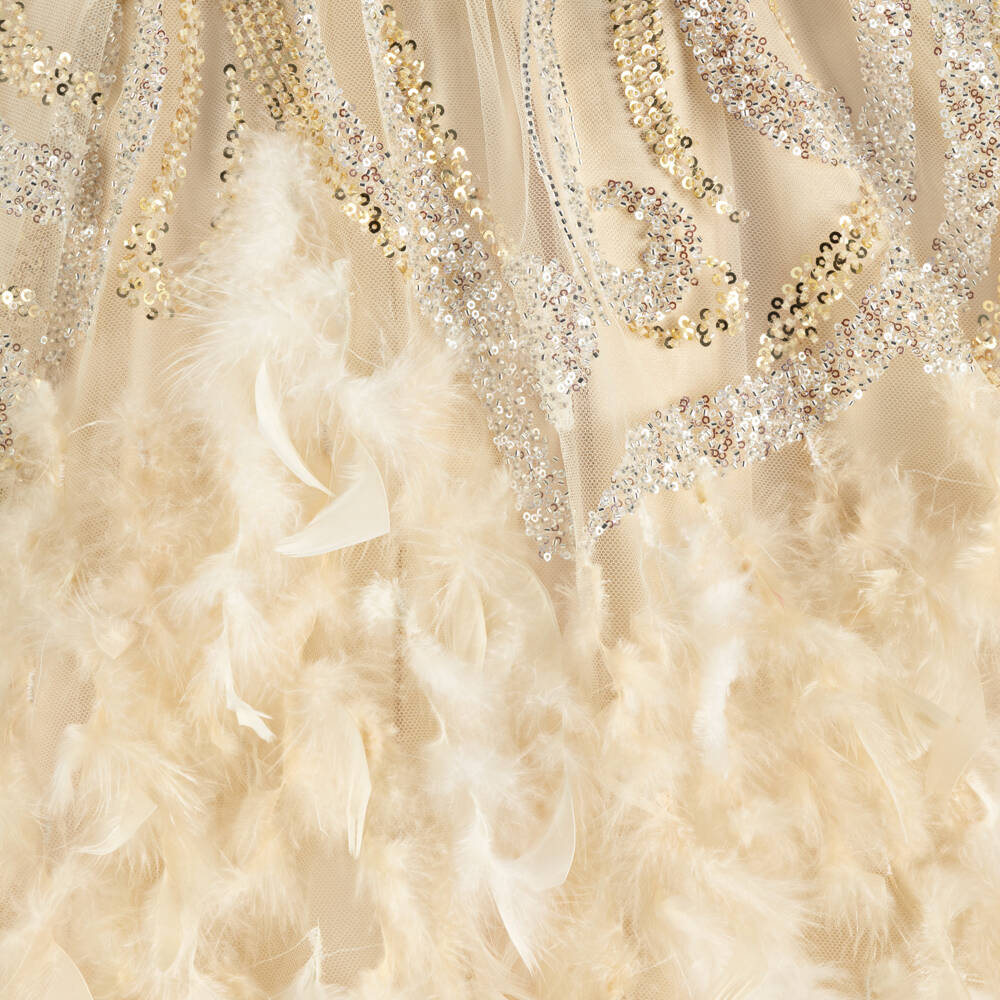 Junona-Girls Beige Tulle Dress with Sequin & Feather Trim | Childrensalon