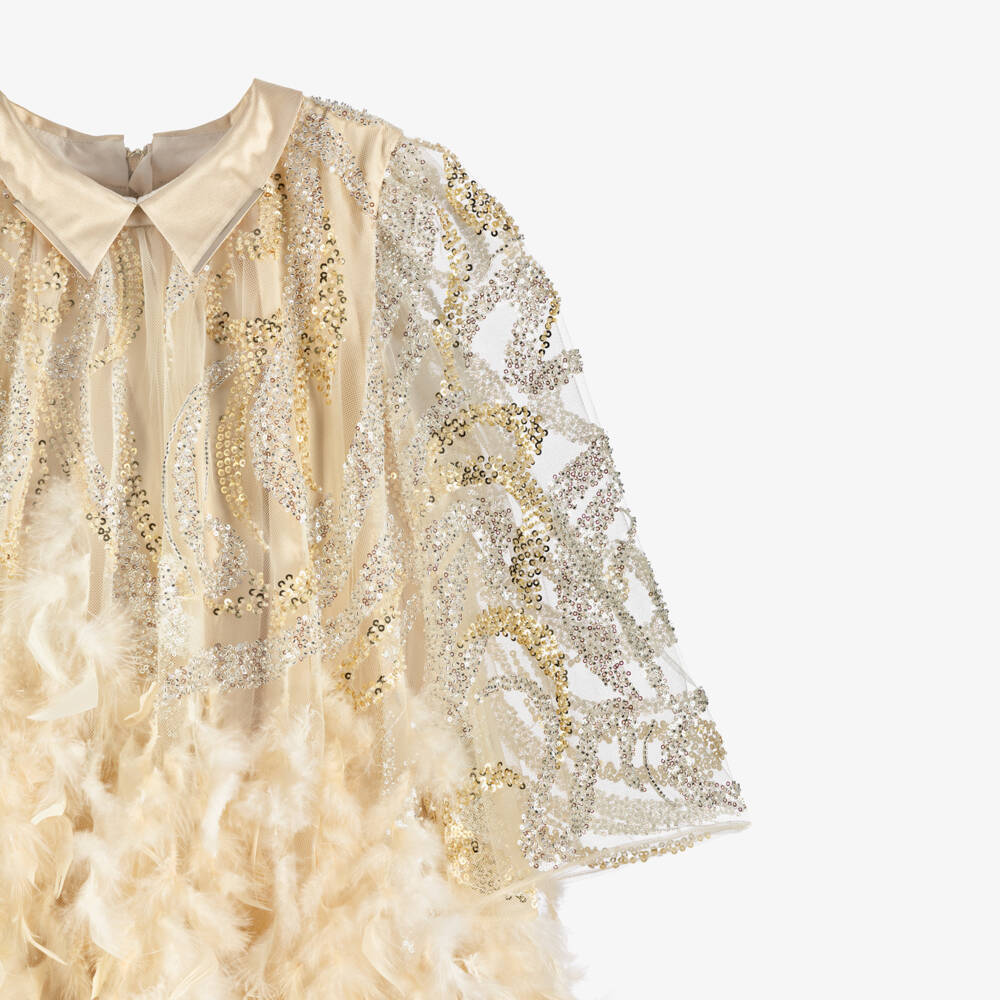 Junona-Girls Beige Tulle Dress with Sequin & Feather Trim | Childrensalon
