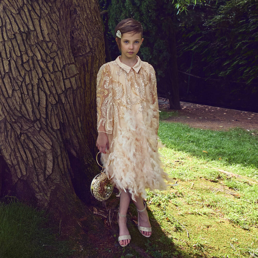 Junona-Girls Beige Tulle Dress with Sequin & Feather Trim | Childrensalon