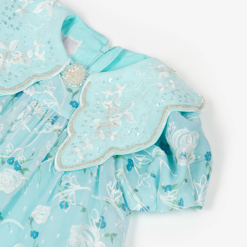 Junona-Girls Blue Embroidered Floral Chiffon Dress | Childrensalon