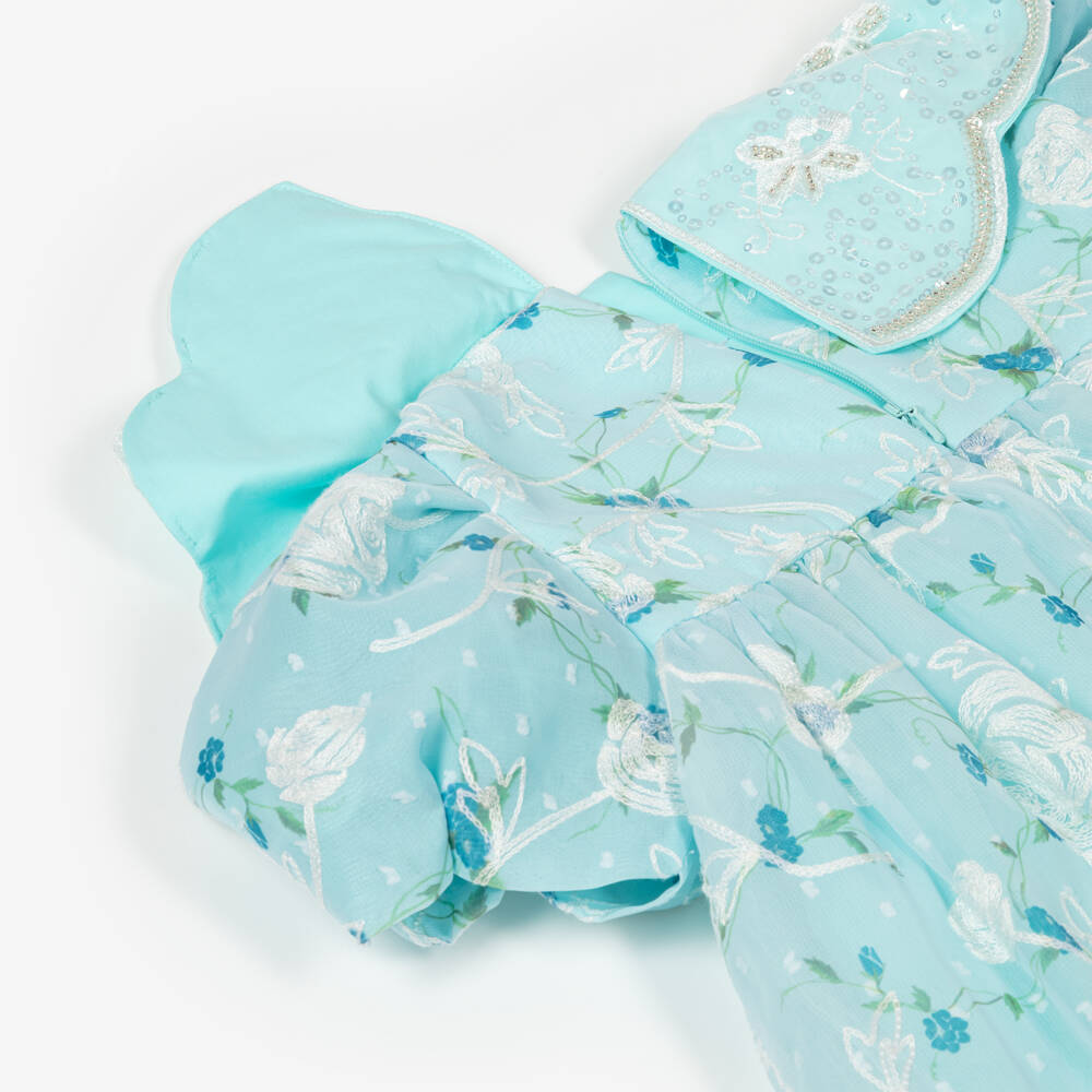 Junona-Girls Blue Embroidered Floral Chiffon Dress | Childrensalon